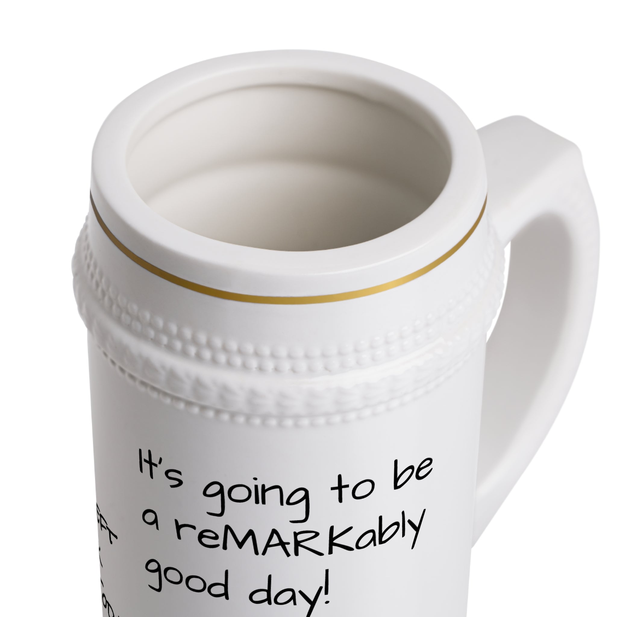 Ceramic Beer Stein Mug – Handwritten Quote Design ("Have You Left Your Mark Anywhere Today?")